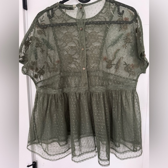 ZARA Olive Green Lace Babydoll Top S Floral Embroidered Boho Peasant Fairy - Picture 3 of 5